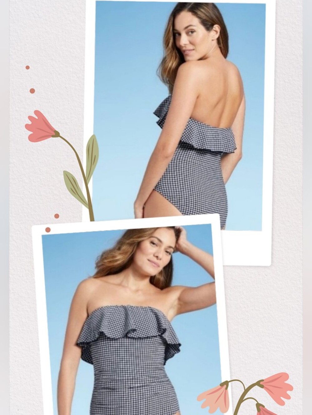 KONA SOL Gingham Seersucker Navy & White Checked One Piece Swim Suit NWT